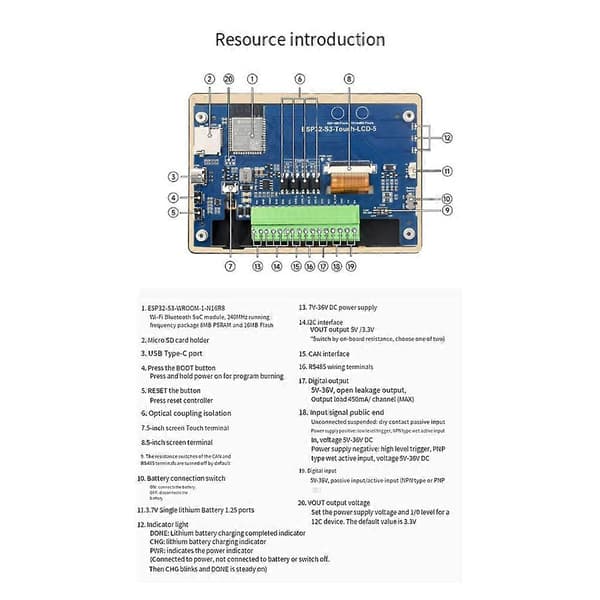 ESP32-S3 5-tommer kapacitiv touchskærm udviklingskort, 32-bit LX7 dual-core processor, understøtter WiFi & BLE