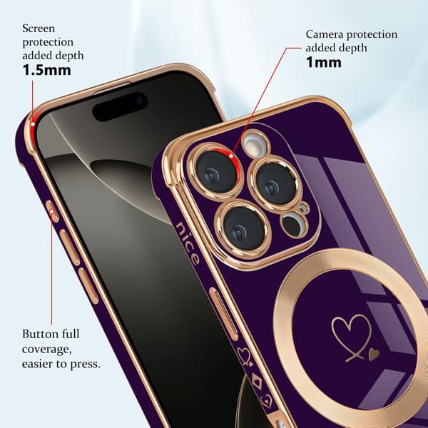 iPhone 16 Pro Case, Cute Heart Pattern and Gold Plated Edge Compatible with MagSafe Silicone Case Cute Shockproof for iPhone 16 Pro