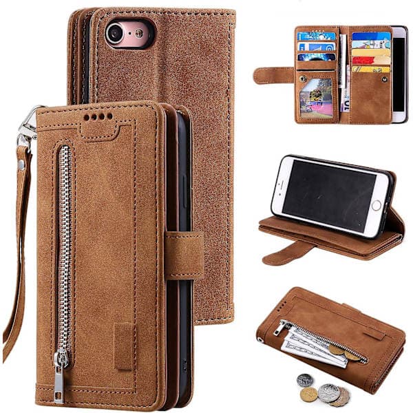 Wallet Case for iPhone SE 2022 5G/iPhone 7/iPhone 8/iPhone SE 2020, 9 Card Holder Slots Zipper Wallet Case PU Leather Case - Brown
