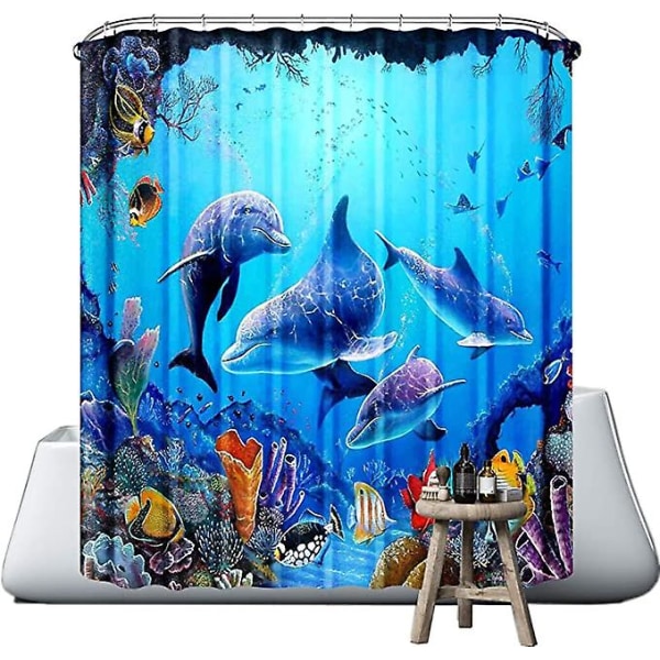 Blå duschdraperi (ocean Dolphin, 180 X 180 Cm), Maskintvättbar vattentät polyestertyg duschdraperi, Snabbtorkande dekorativ duschdraperi