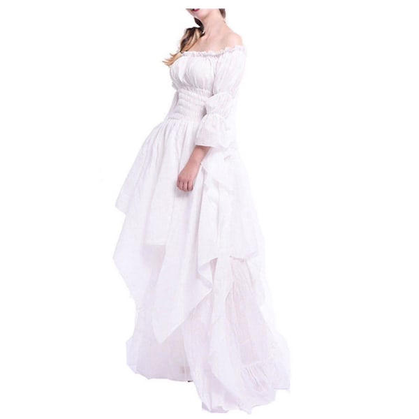 Kvinnors retrostil trumpet långärmad prinsessklänning White XL