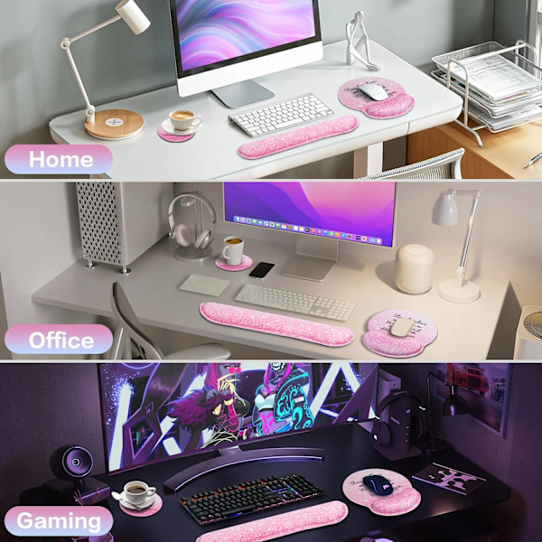 Musemåtte med håndledsstøtte sæt, Qomolama 3-i-1 håndledsstøtte musemåtte sæt, gaming musemåtte med skridsikker base, ergonomisk musemåtte, memory foam tastatur Pink Particle