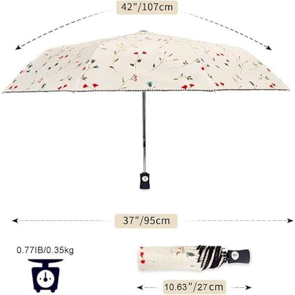 Solparasol Kompakt Foldbar Rejseparasol Automatisk Åbning og Lukning Vindtæt, Regntæt UV-beskyttelse Parasol med Sort Anti-UV Belægning