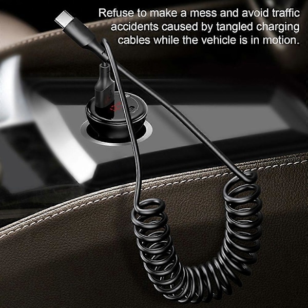 USB til USB C Spiral Kabel Uttrekkbar Billaderledning Kompatibel Iphone for Android Dataoverføring Fjærdesign 5A Hurtigladekabel Black 150CM