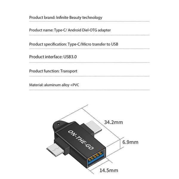 USB C till USB 3.0 OTG-omvandlare USB 2 i 1 Typ C -OTG-adapter Black