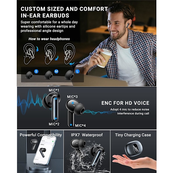 X500 Langattomat Bluetooth-kuulokkeet - 30 tuntia C4U® ANC ENC BT 5.3 Black Svart