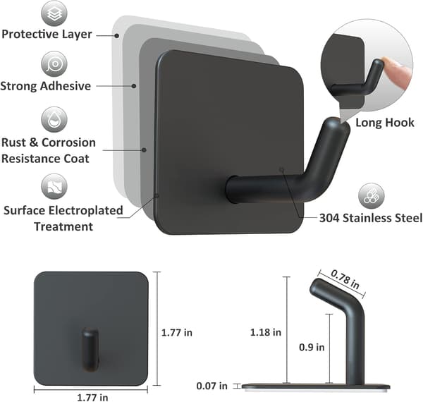 VIS'V Self-Adhesive Hooks, Heavy Duty Shower Wall Hooks, Waterproof, 2 Extra Adhesive Strips, Black, 4 Pcs