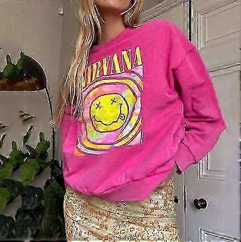 Nirvana Smiley Face Crewneck Sweatshirt Heliconia Farve Nirvana Sweatshirt L Pink