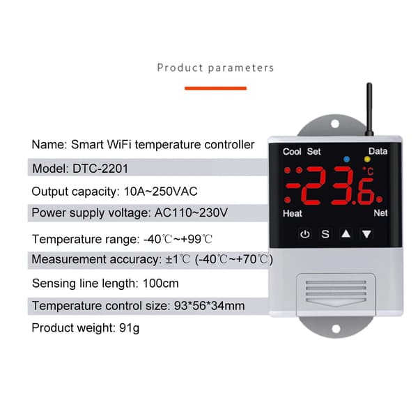 Bærbar WIFI Temperatur 110V-230VAC 10A Controller Digital Termostat