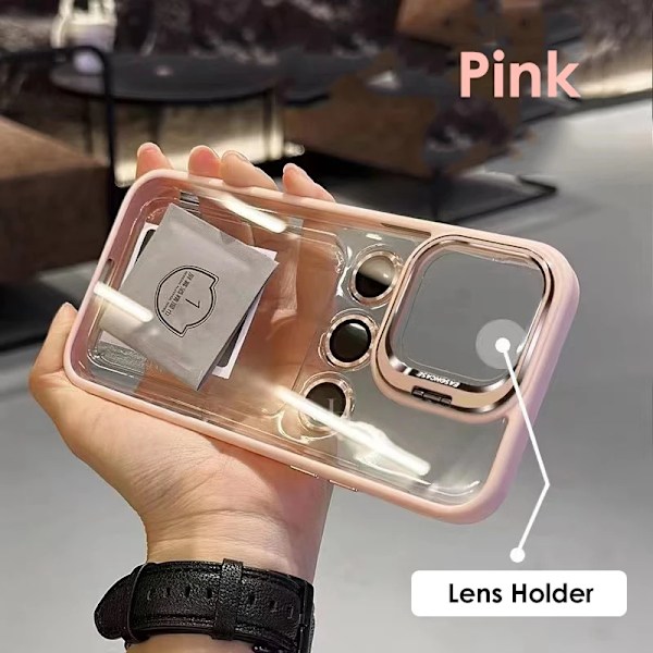 Metall Linsskyddsring Ställ Telefonfodral För IPhone 15 12 13 14Pro Max 11 Kameraglasskydd Transparent Stötsäkert Skal Rosa Pink for iphone13 Pro(6.1")