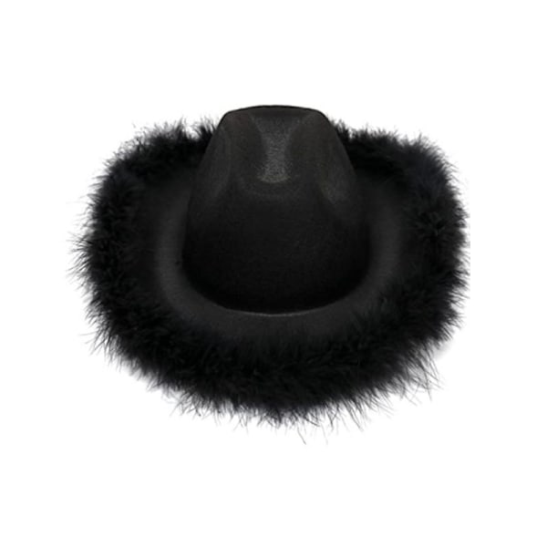Sort Cowgirl Hat med Fjerboa Fluffy Fjer Kant Voksen Størrelse Cowboy Hat til Polterabend