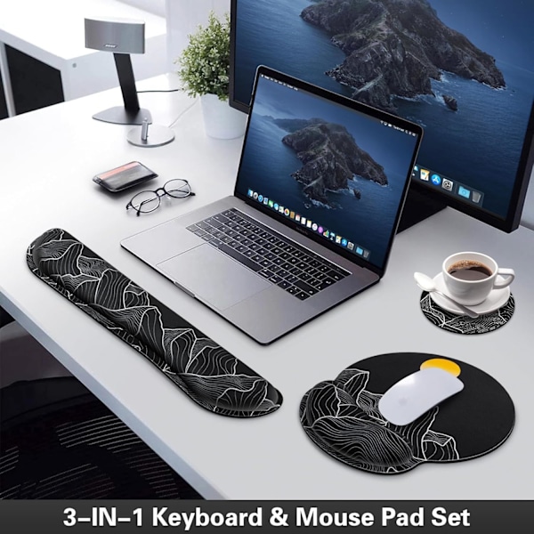 Musmatta med handledsstöd, Qomolama 3-i-1 handledsstöd musmatta set, Gaming musmatta med halkfri bas, Ergonomisk musmatta, Memory Foam tangentbord Golden Mountain-black