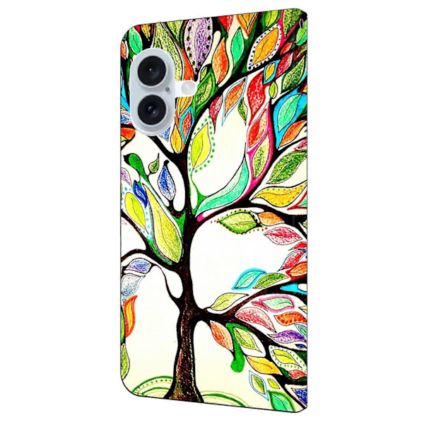 Skal till iPhone 16 Mönstertryckt Skyddande Fodral TPU+PU Läder Flip Telefonfodral- Multicolor Tree