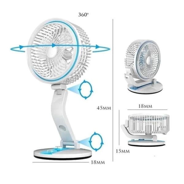 1 sammenklappelig ventilator, USB genopladelig, solpanel, 360° LED-lampe, 80° vinkel, skrivebord.