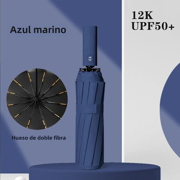 Automatisk foldbar paraply, vindafvisende, stor luksusparaply med sort belægning, 12 ribber, 1 stk 1pc dark blue