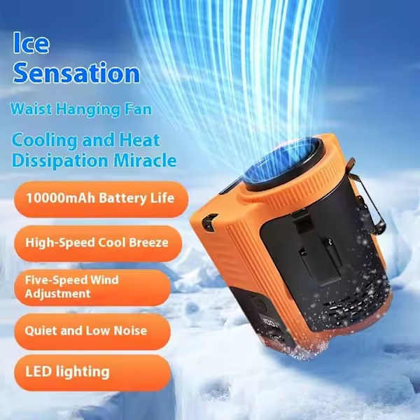 Udendørs taljeventilator med 10000mah usb-opladning, langtidsholdbart smart bærbart batteri, led-lys, lille ventilator Orange