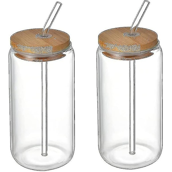 2 stk. drikkeglas med bambuslåg, ølglas, juiceglas, holdbare transparente glas til drikkevarer, isvand (550 ml), drikkeglas 470ml