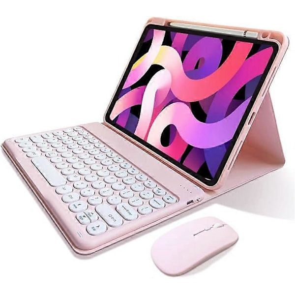 iPad 10:e generationen 2022 tangentbordsfodral med mus, söta runda tangenter, avtagbart Bluetooth-tangentbord, tunt smart skydd med pennhållare (Rosa)