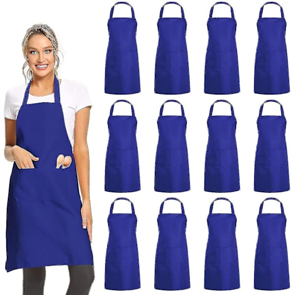 12 kappaleen pakkaus yksivärisiä essuja, joissa 2 taskua - Mustat unisex-ammattikäyttöön tarkoitetut essut, irtotavarana B Blue