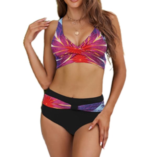 Printed Push Up Vadderat Bikini Set Halter Cross Ryggrem BH Top + Hög midja Trosor Baddräkt Sommar Strand Sexiga Badkläder A 2XL