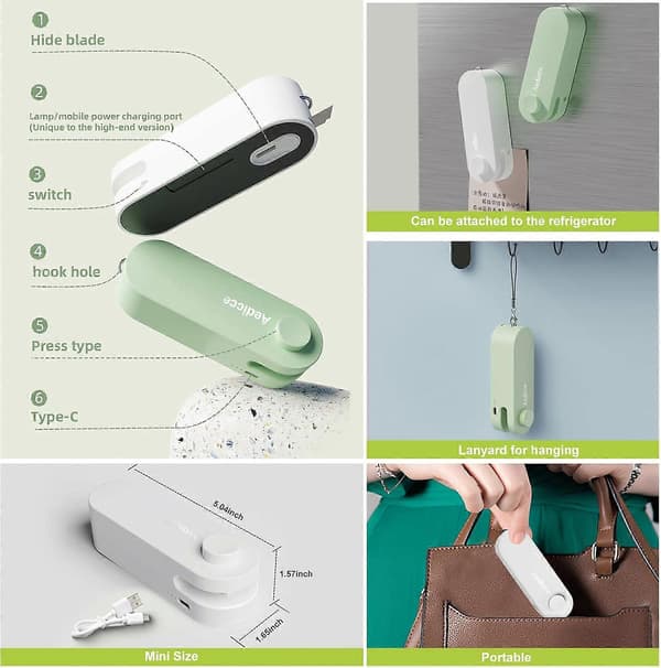 4-i-1 Mini Poseforsegler, Poseforsegler Varmeforsegling med Kutter, USB Oppladbar Chipsposeforsegler Varmeforsegling, Hvit