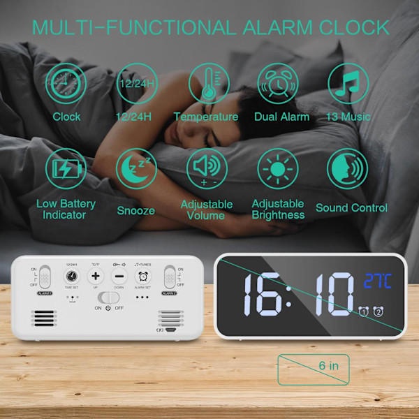 Digital Väckarklocka Spegel LED Digital Musikklocka 4 Justerbar Ljusstyrka Röststyrning Dubbla USB-laddningsportar Snooze-funktion A3