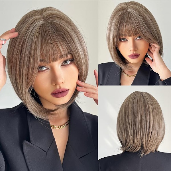 Brun blandad vit bob-peruk med lugg, 30 cm brun highlight-peruk för kvinnor kort rak peruk brun syntetisk peruk för daglig fest