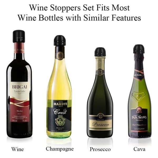 Sett med 4 vinflaskepropper med roterende bryter, laget av silikon, for optimal vinbevaring.