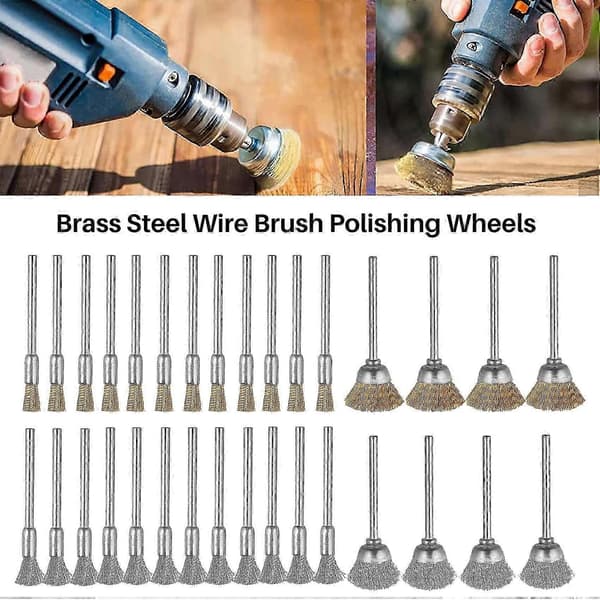 44 stk. Mini stålbørstehjul kop messing ståltrådsbørste sæt 1/8 tomme (3 mm) skaft til Power Dremel