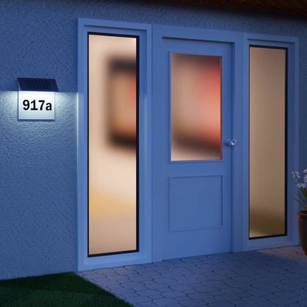 Oplyst husnummer i rustfrit stål med 4 LED'er, solcelledrevet - Hvid.