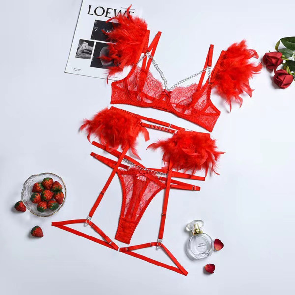 MIRABELLE fjäderunderkläderset för kvinnor Lyx med kedja G-sträng Fin spets Underkläder Set BH Outfit Transparent Intim Red XL