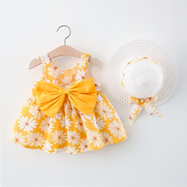 Sommarfödd Baby Kläder Småbarn Flick Kläder Bomull Strand Hängselklänning+Solhatt Prinsessklänningar 2 st Multicolor 12-18M