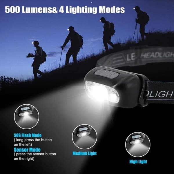 YYV USB Oppladbar LED Hodelykt 500LM 3 Lysmoduser IPX1 Vanntett med Bevegelsessensor