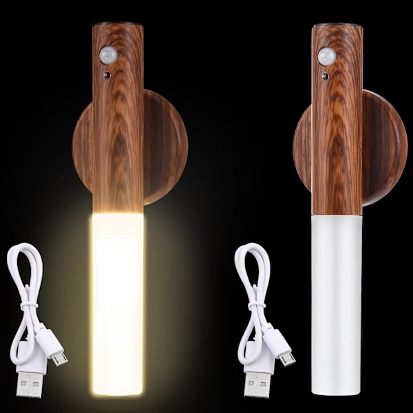 2 stk. Bevægelsessensor Natlys Magnetisk Væglampe USB LED Lys Genopladelig Stick Trådløs Trappe Indendørs Trævæglamper med Stort Batteri