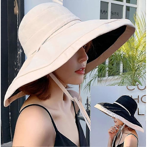 Solhatt med bred brem for kvinner, sammenleggbar floppy hatt, sommer UV-beskyttelse strandhatt UPF 50+ Beige