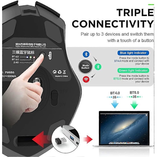 Bluetooth Mus, Oppladbar Trådløs Mus Multi-Enhet (Tri-Mode: BT 5.0/4.0+2.4Ghz), Stille, 3 DPI Justering, Ergonomisk Optisk Bærbar Mus