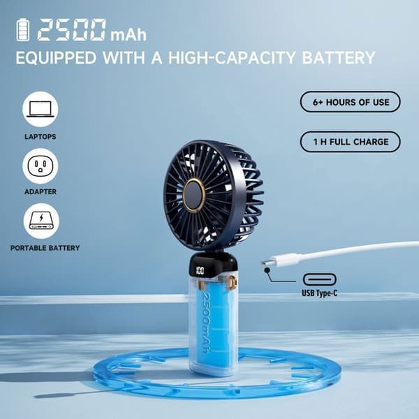 Keeper 5-i-1 Bærbar Ventilator - 2500 mAh - 5 Hastigheder - 90° Sammenfoldelig - Blå - USB-C Genopladelig