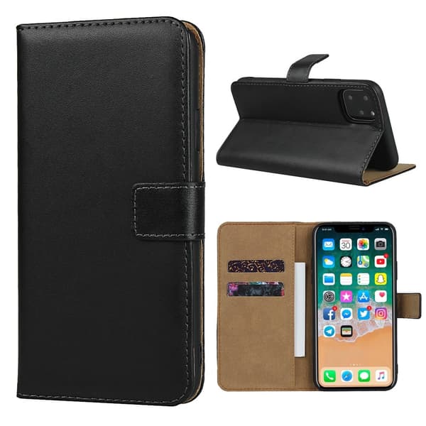 Kompatibel med iPhone 11 - Ægte Læder Wallet Case - Sort Black Svart