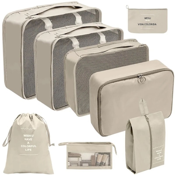 7/8/9/10 Delars Set Reseorganisatör Förvaringsväskor Resväska Packningskuber Set Fodral Bärbar Bagage Kläder Sko Ordning Påse Vikbar 8 pcs beige