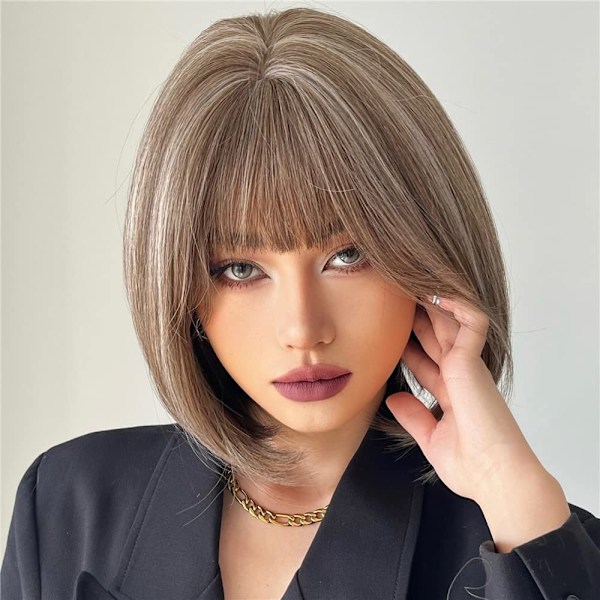Brun blandad vit bob-peruk med lugg, 30 cm brun highlight-peruk för kvinnor kort rak peruk brun syntetisk peruk för daglig fest