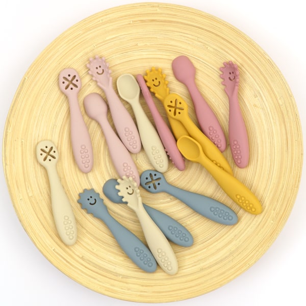 3 st Silikonsked och gaffel för baby, set med matningsredskap, matning, småbarn, lära sig äta, träning, mjuk gaffel, bestick, barnservis 008-mustard