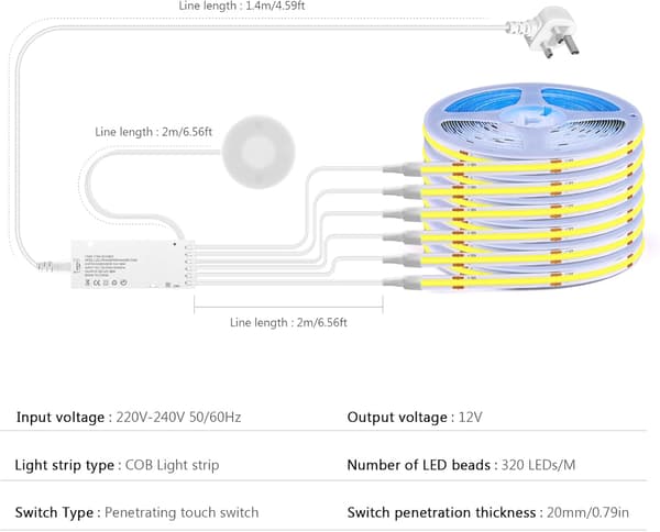12V COB LED Strips, 6 x 2M/6.6ft White COB LED Strips with Touch and Hand Wave Dimmer for Cabinet Display and Kitchen Lighting