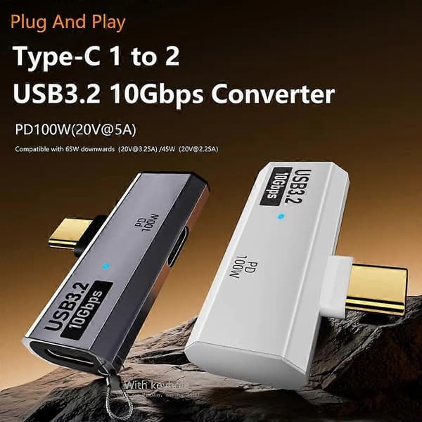 USB-C / Type-C Hann til Dobbel Type-C Hunn USB3.2/10Gbps OTG-Konverter PD100W Ladeadapter White