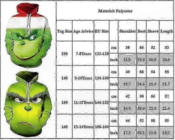 Unisex Børne Grinch Printet Hættetrøje med Lomme Pullover Sweatshirt E 7-8Y