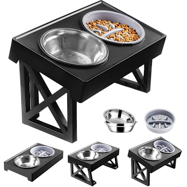 Høje skåle i rustfrit stål til små, mellemstore og store hunde, hævet stativ til kæledyr med langsom fodring, 3 justerbare højder Stainless And Slow