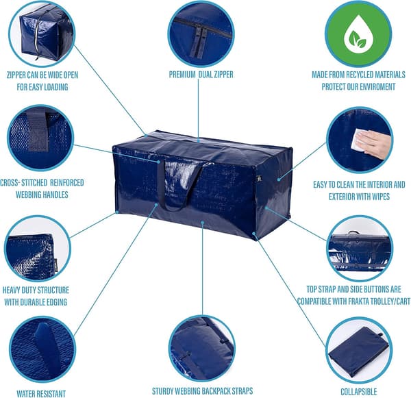 (Blue, 2-pack), Extra large, heavy-duty blue moving bags with