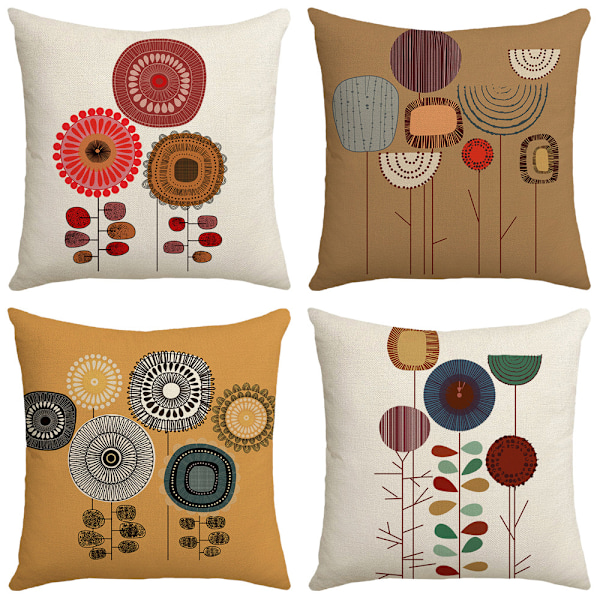 Sett med 4 dekorative putetrekk til sofa, blomstrete linputer, til sofa, seng, bil, hjem, 45x45cm