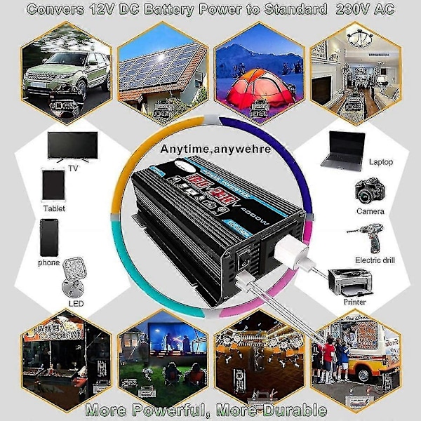 4000W Omvandlare 12V 220V Ren Sinusvåg Växelriktare Ren Sinusvåg Transformator med Fjärrkontroll & G