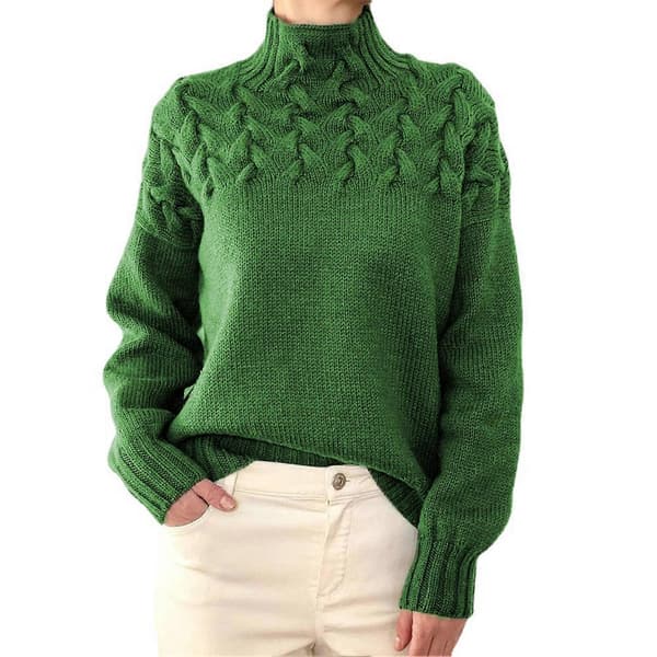 Dame Højhalset Sweater Lange Ærmer Ren Farve Kabelstrikket Pullover Top til Efterår Vinter 2XL
