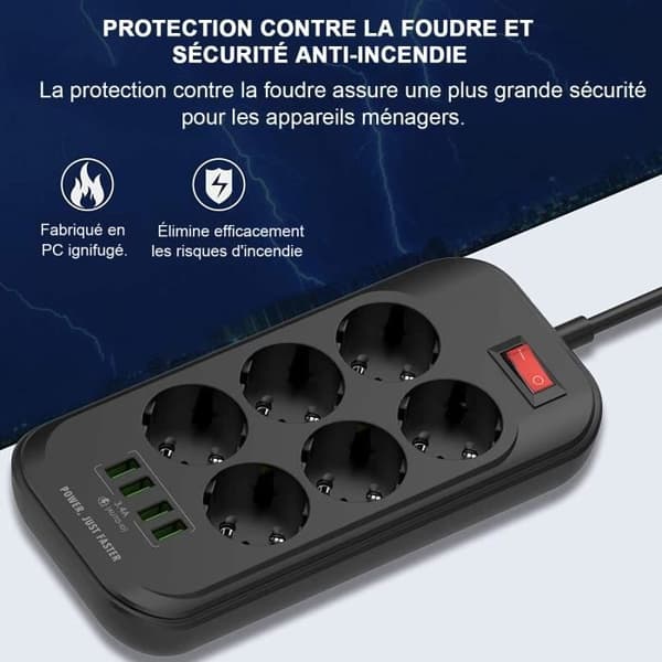 AUDBURN USB strømskinne - 6 uttak - 4 USB-porter - Overspenningsvern